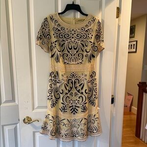 Beige and Navy Embroidered Short Sleeve Fit-and-Flare Dress